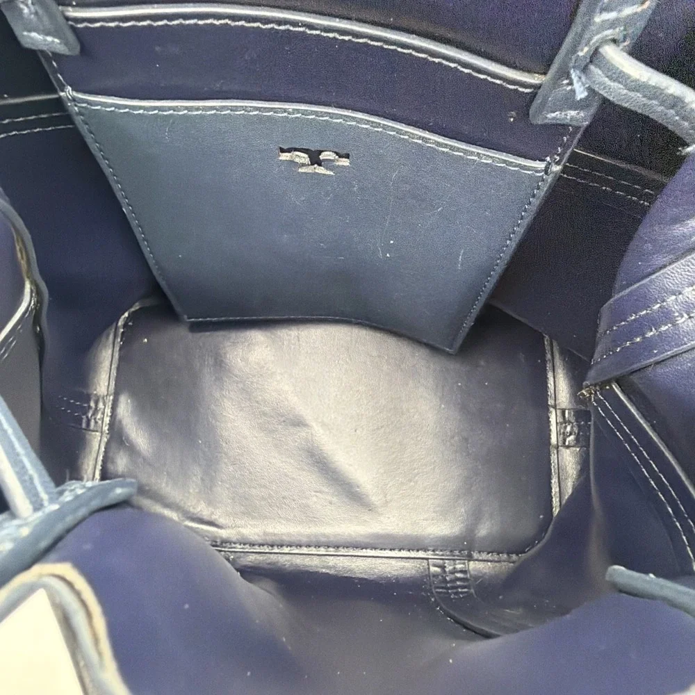 Tory Burch Block T Small Navy Blue Leather Bucket Bag Drawstring Closure